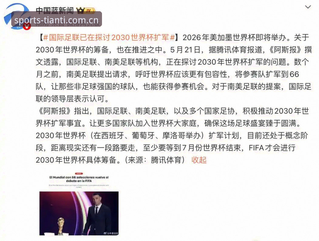 天行直播平台哪个好 2030世界杯扩军至66队?中国男足迎最佳机遇详解